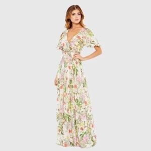 NWT Mac Duggal Floral Print Faux Wrap Flutter Sleeve A Line Multi 16 #8298